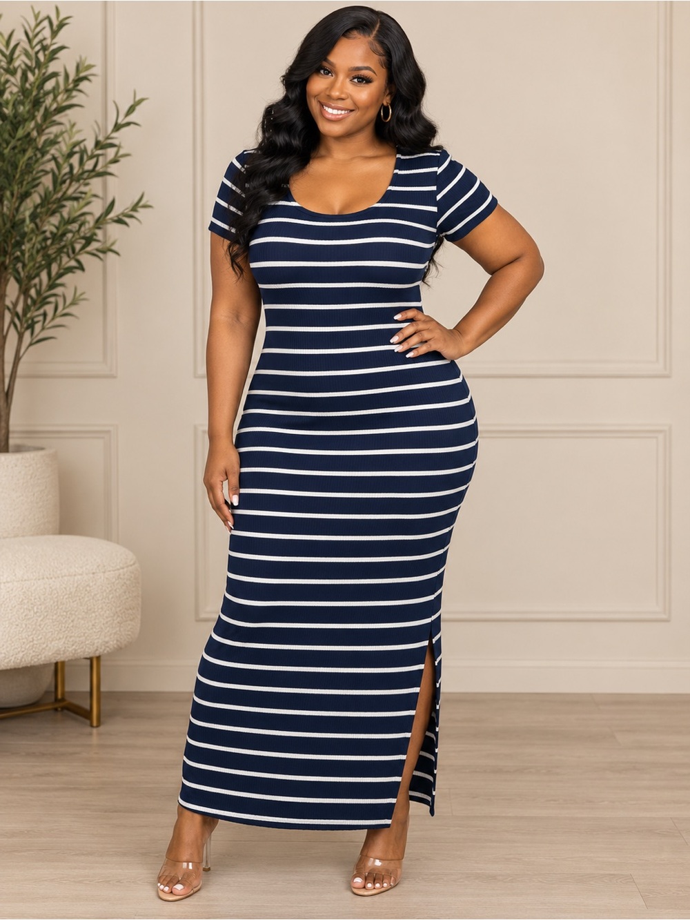 Navy & White Striped Scoop Neck Maxi Dress